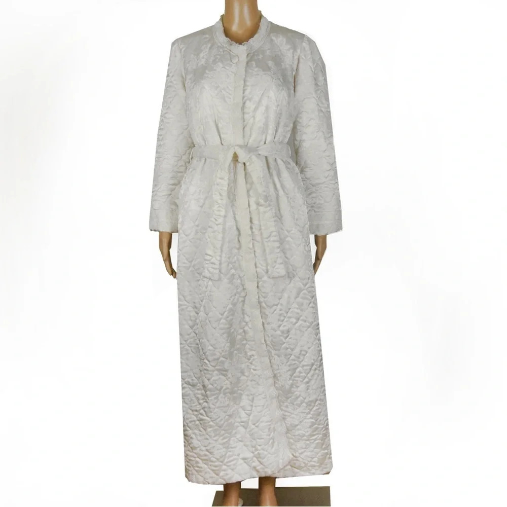 Vintage 50’s Christian Dior Floral Quilted Ivory White Button Satin Robe Medium